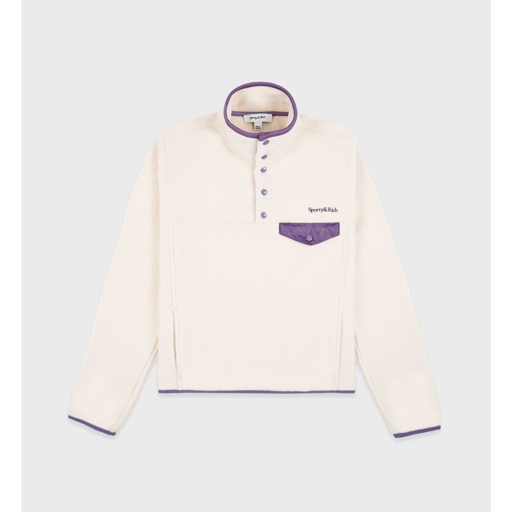 Sporty & Rich Cream Fleece Popover with Purple Trim